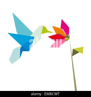 Origami Blume und Kolibri auf weiß Stock Vektor