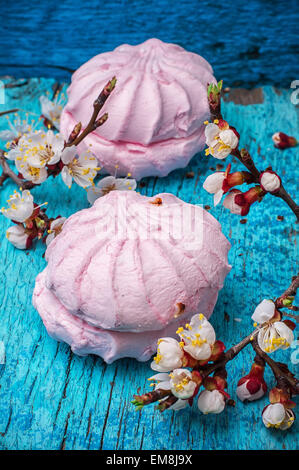 duftende Nachtisch Marshmallows auf grün-blau Holzoberfläche inmitten der Zweige der blühenden Aprikose Stockfoto