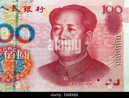 Chinesische Banknote 100 Renminbi Yuan Vorderseite zeigt Mao Zedong und Prunus Mume Stockfoto