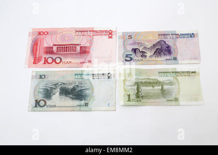 Chinesische Banknoten 1, 5, 10.100 Renminbi Yuan alle anzeigen-Rückseite Stockfoto