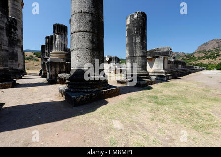 Blick auf den Wald von Spalten am Ostende (hinten) der ionische Tempel der Artemis. Sardes, Sart, Türkei. Eintritt in die templ Stockfoto