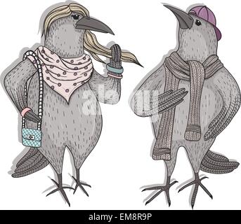 Niedlichen Cartoon Hipster Krähen Stock Vektor