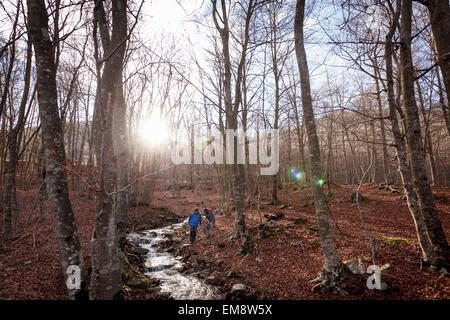 Wanderer, die Pause von Stream, Montseny, Barcelona, Katalonien, Spanien Stockfoto