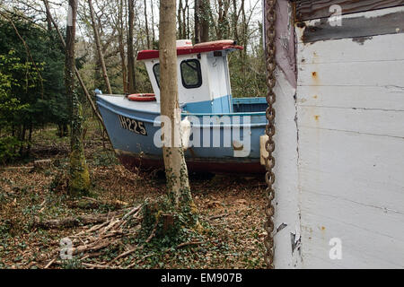 Leigh Woods, North Somerset, in der Nähe von Bristol, England, Vereinigtes Königreich 17. April 2015 5 Angelboote/Fischerboote haben gestrandet in den Wäldern als Bestandteil einer Kunstinstallation von Bristol basierte Künstler Luke Jerram. Es nennt sich zurückgezogen und hofft, den Klimawandel und die Notlage der Fischwirtschaft im Jahr 2015 im Jahr aufmerksam in dem Bristol European Green Capital ist. Es eröffnet offiziell am Samstag, 18. April.  Carolyn Eaton / Alamy Live News Stockfoto