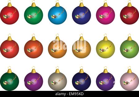 Eine Vektor-Illustration von Multi farbige Glas Weihnachtskugeln geschmückt mit Santas Schlitten und Rentier-Motiv Stock Vektor