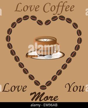 Eine Vektor-Illustration der Kaffeetasse von einem Herzen umgeben zum Valentinstag machte Kaffeebohnen mit einer liebevollen Botschaft für eine Glückwunschkarte geeignet Stock Vektor