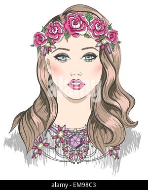 Junges Mädchen Mode-Illustration. Mädchen mit Blumen in ihrem Haar und Erklärung Halskette Stock Vektor