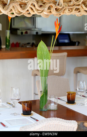 schön serviert Tisch in einem Restaurant mit einer Blume Stockfoto