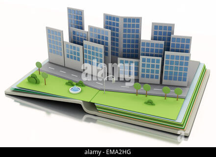 Stadt in das aufgeschlagene Buch, isoliert auf weißem Hintergrund. 3D Renderer Bildkonzept. Stockfoto