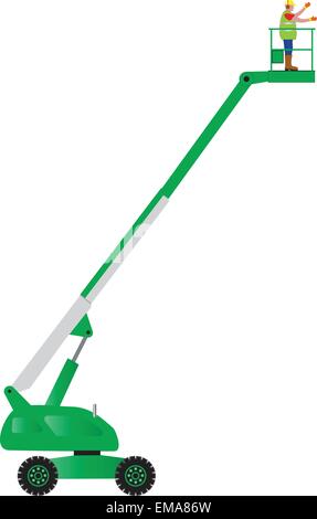 Eine detaillierte Vektor-Illustration einer grünen Hubarbeitsbühne hoch heben Plattform voll ausgefahren mit Bauarbeiter tragen einen Helm und eine hi-Vis-Weste Stock Vektor