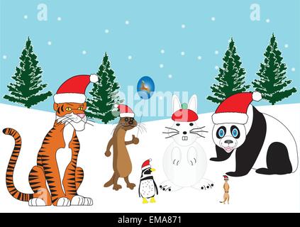 Eine Vektor-Illustration eines Tigers, Otter, Pinguin und ein Erdmännchen in Santa Hüte mit einem Schneemann Kaninchen und verschneiten Hintergrund mit Weihnachts-Bäumen Stock Vektor