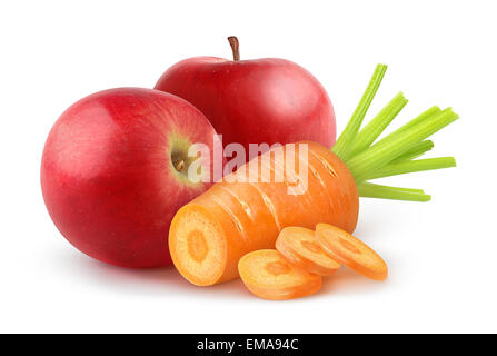 Karotte und Apfel auf weißem Hintergrund Stockfoto