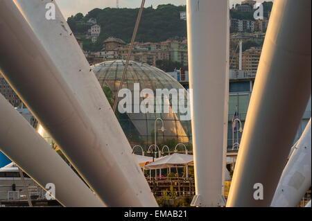 Bigo Biosphäre Genua, Ansicht der Renzo Piano Biosfera zwischen die Streben von Il Bigo im Hafen von Genua, Ligurien, Italien gesehen. Stockfoto