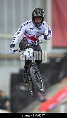 Manchester, UK. 18. April 2015. UCI BMX Supercross Worldcup. Tag eins. Tre Whyte (GBR) (2014 WM Bronze dritte) während die Elite Männer Training. Bildnachweis: Action Plus Sport Bilder/Alamy Live News Stockfoto