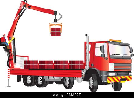 Eine detaillierte Vektor-Illustration eine rote acht Wheeler Truck mit einem Operator auf einem Kran montiert auf der Rückseite des Fahrzeugs entladen Ziegel isoliert Stock Vektor