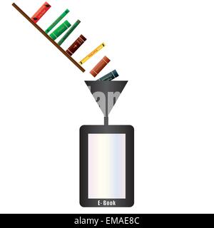Eine Vektor-Illustration ein Electronic Book-Reader, gefüllt mit Büchern durch einen Trichter Stock Vektor