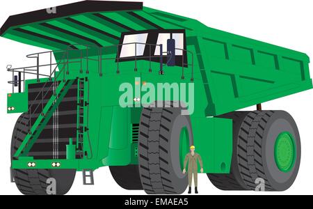 Eine detaillierte Vektor-Illustration eines riesigen grün Erdbewegung Kipper LKW zur Gewinnung und Miningwith ein Mann stand durch das Vorderrad Maßstab geben Stock Vektor