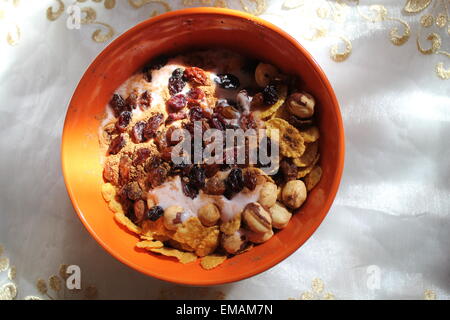 appetitlich gesundes leichtes Frühstück Cornflakes, Rosinen, Haselnüsse unter Blackberry Joghurt Stockfoto