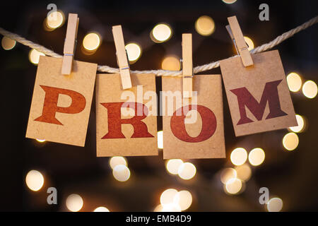Das Wort PROM gedruckt auf Wäscheklammer abgeschnitten Karten vor defokussierten leuchtende Lichter. Stockfoto