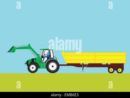 Eine Vektor-Illustration eines Green Farm Traktors ziehen eine große gelbe Kipper über ein Feld Stock Vektor