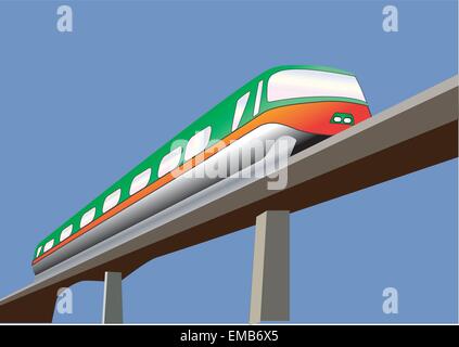 Eine Vektor-Illustration eines grün und Orange-Monorail-Zug auf einer Brücke, isoliert auf weiss Stock Vektor