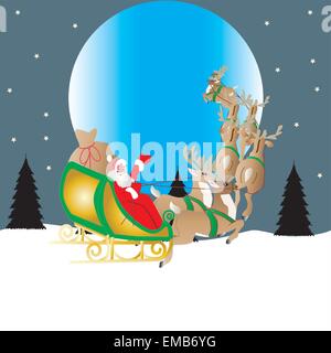 Santa und seine Rentiere Schlitten fliegen vor den Mond mit einem Sternenhimmel Hintergrund gezeichnet Stock Vektor
