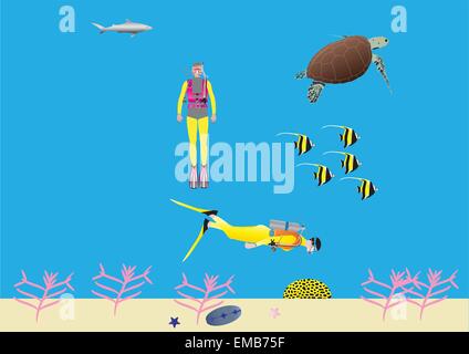 Ein Vektor Illustration von zwei Frauen Scuba Divers Tauchen an einem Korallenriff mit einer Schildkröte maurischen Idol Fisch und ein Hai Stock Vektor