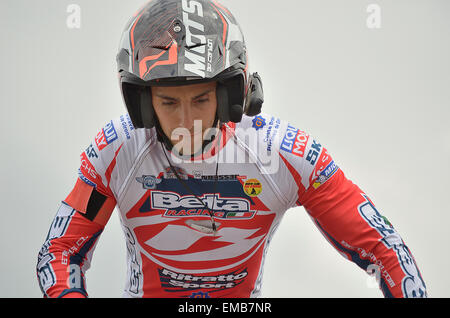 Spanien-trial-Meisterschaft. Porträt von Jeroni Fajardo auf seinem Motorrad. Er beendete an 2. Stelle (TR1). Stockfoto