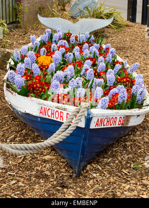 Eine Blütenpracht in einem alten Ruderboot in das Fischerdorf Whitby, North Yorkshire, England. Am 18. April 2015. Stockfoto
