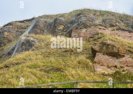 Wire Mesh Erosion Küstenschutzes an der Steilküste, in Whitby, North Yorkshire, England. Am 18. April 2015. Stockfoto