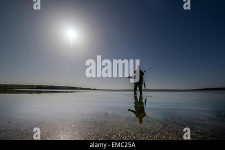 Ein Mann-Fliegenfischen auf Forellen am See am Colliford Stausee auf Bodmin Moor, Cornwall Stockfoto