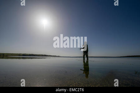 Ein Mann-Fliegenfischen auf Forellen am See am Colliford Stausee auf Bodmin Moor, Cornwall Stockfoto