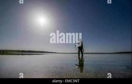 Ein Mann-Fliegenfischen auf Forellen am See am Colliford Stausee auf Bodmin Moor, Cornwall Stockfoto