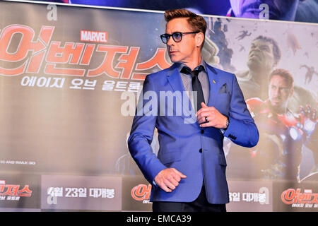 Seoul, Südkorea. 17. April 2015. Schauspieler Robert Downey Jr. besucht die "Avengers: Age of Ultron" Pressekonferenz im Conrad am 17. April 2015 in Seoul, Südkorea. / Picture Alliance © Dpa/Alamy Live-Nachrichten Stockfoto