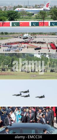 Islamabad. 20. April 2015. Kombinierte Foto aufgenommen am 20. April 2015 zeigt, dass die chinesischen Staatspräsidenten Xi Jinping bei seiner Ankunft in Islamabad für seinem Staatsbesuch in Pakistan empfangen wird. © Wang Ye/Xinhua/Alamy Live-Nachrichten Stockfoto