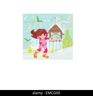 Mädchen füttert die Vögel im winter Stock Vektor