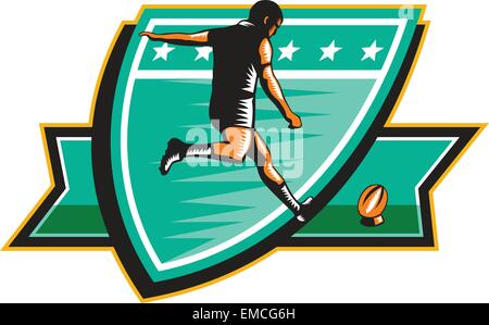 Rugby-Spieler treten Ball Schild Retro Stock Vektor