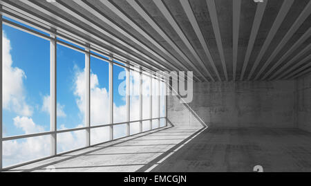 Abstrakt Architektur, Freifläche Interieur mit hellen Fenstern und graue Betonwände, 3D-Illustration mit blauem Himmel zurück zu leeren Stockfoto