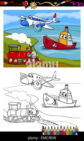 Cartoon Flugzeug Bahn Schiff Malvorlagen Stock Vektor