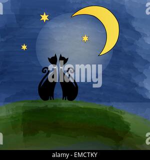 zwei Katzen auf einer Wiese unter dem Mond Stock Vektor