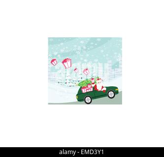 Santa Claus fahren Autos mit Weihnachtsgeschenke Stock Vektor