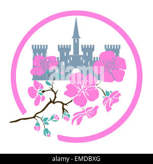 Zweig Sakura Blüten und Schloss im Kreis. Vektor-illustration Stockfoto