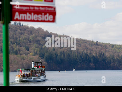 Bowness auf Windermere, Cumbria, England. 20. April 2015. Sonne & einen ganz Tag für Touristen um & am Lake Windermere (errichtet 1891) Dampfer Tren verlassen Bowness Pier für Ambleside am nördlichen Ende des 13 Meile langen See Credit: Gordon Shoosmith/Alamy Live News Stockfoto