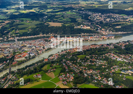 Altstadt von Passau, Gemeinde Schardenberg, Zusammenfluss der drei Flüsse Donau, Inn und Ilz, Passau, Niederbayern Stockfoto