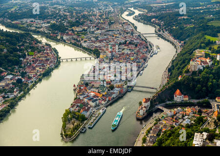 Altstadt von Passau, Veste Oberhaus, Zusammenfluss der drei Flüsse Donau, Inn und Ilz, Passau, Bayern, Niederbayern Stockfoto