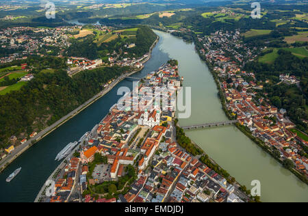 Altstadt von Passau, Zusammenfluss der drei Flüsse, Donau, Inn und Ilz, Passau, untere Bayern, Bayern, Deutschland Stockfoto