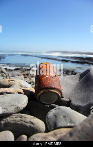 Verrostete Getränkedose am Strand Stockfoto