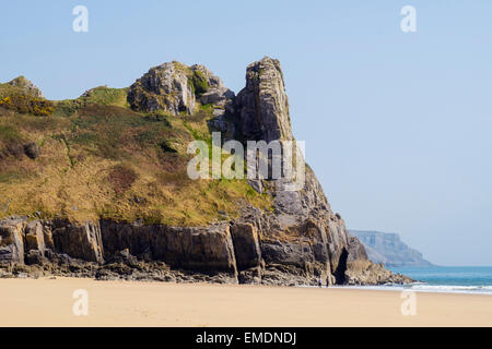 Tor Bay Sandstrand (traeth) und großem Tor Kalkstein felsigen Landzunge bei Ebbe. Oxwich Bay Halbinsel Gower West Glamorgan South Wales UK Stockfoto