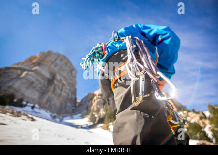 Eis-Kletterer technische Ausstattung Detail. Stockfoto