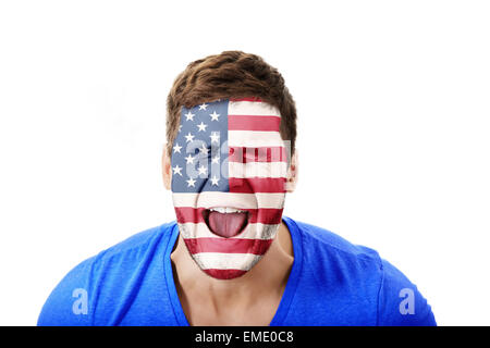 Schreienden Mann mit USA-Flagge auf Gesicht. Stockfoto